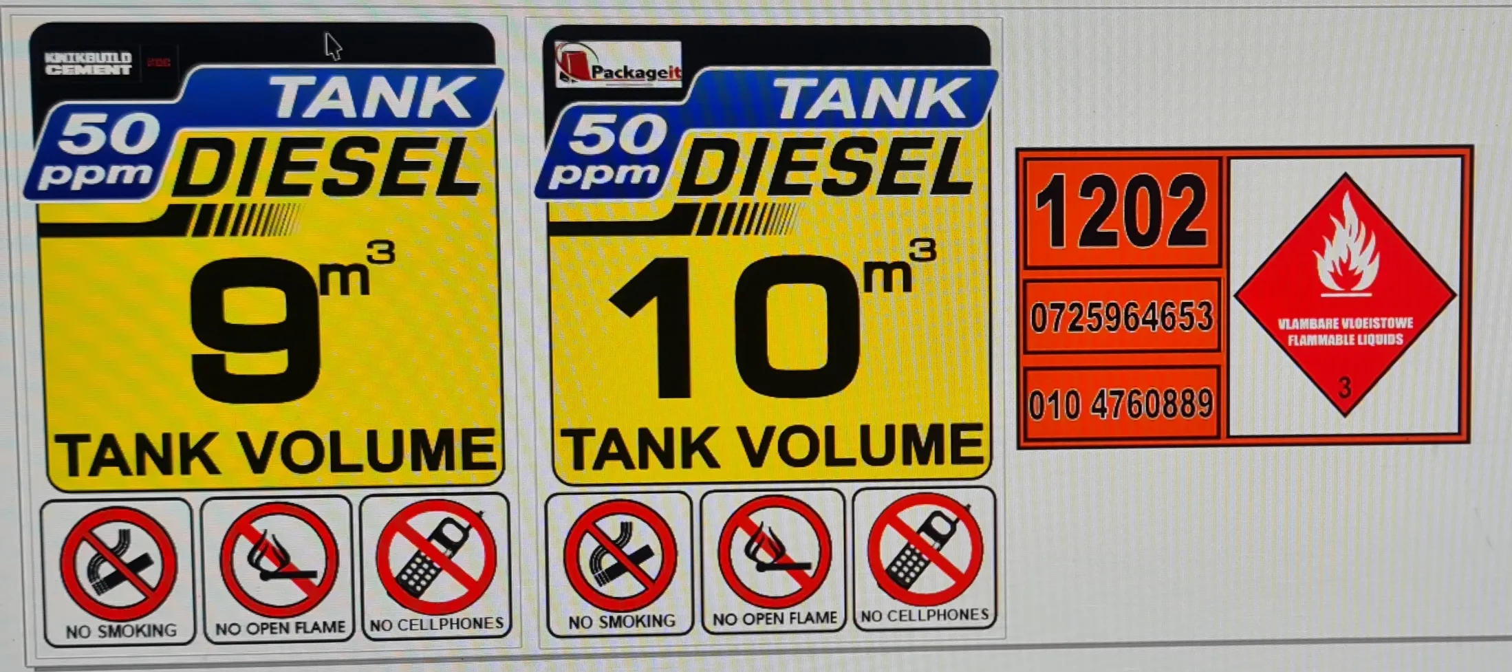 Artwork for yellow diesel tank volume signs with no-smoking symbols and an orange flammable liquids placard.